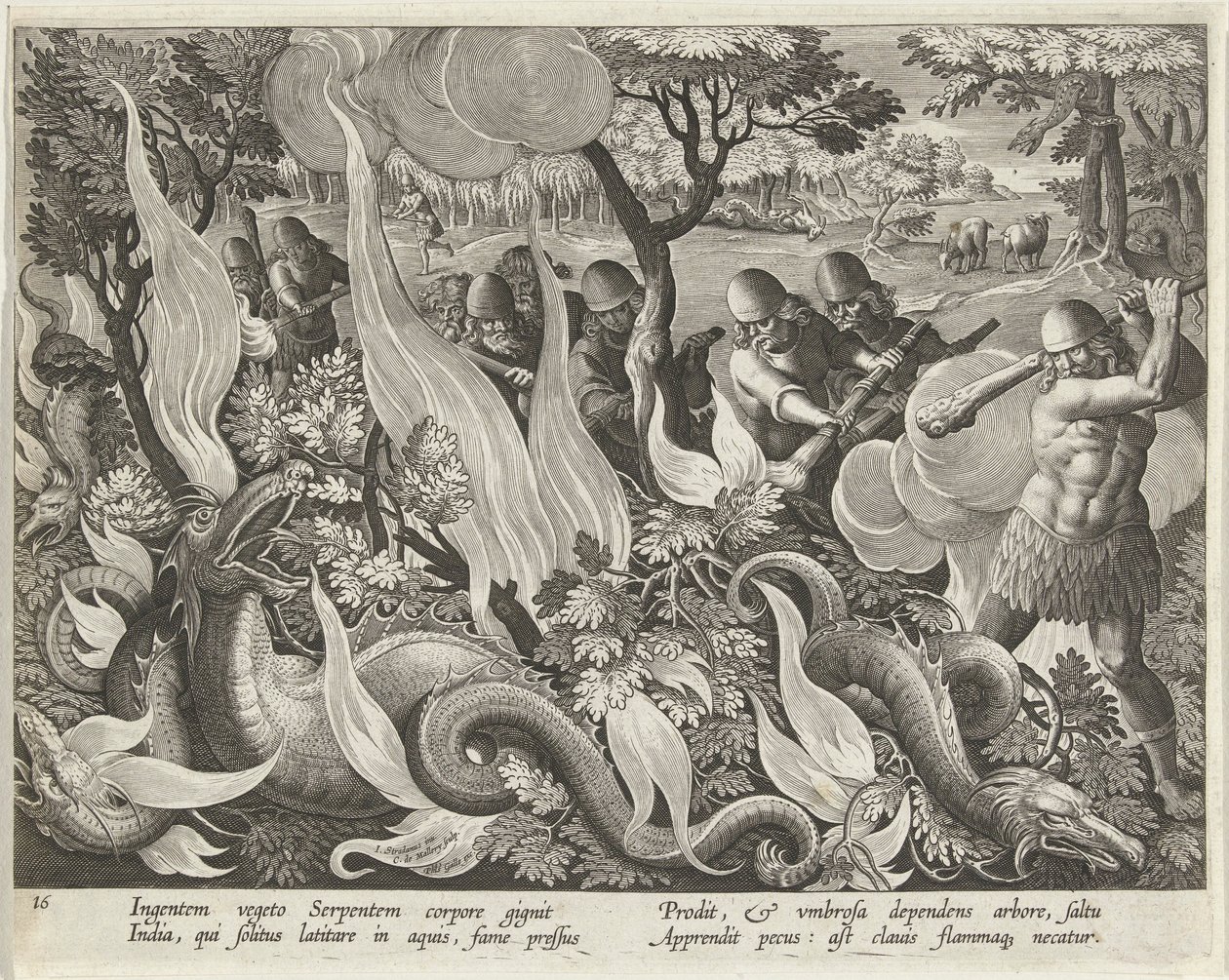 Kígyók fogása Indiában botokkal és fáklyákkal az aljnövényzet megvilágítására, kocsma. 1640-es metszet. alkotó: Jan van der Straet