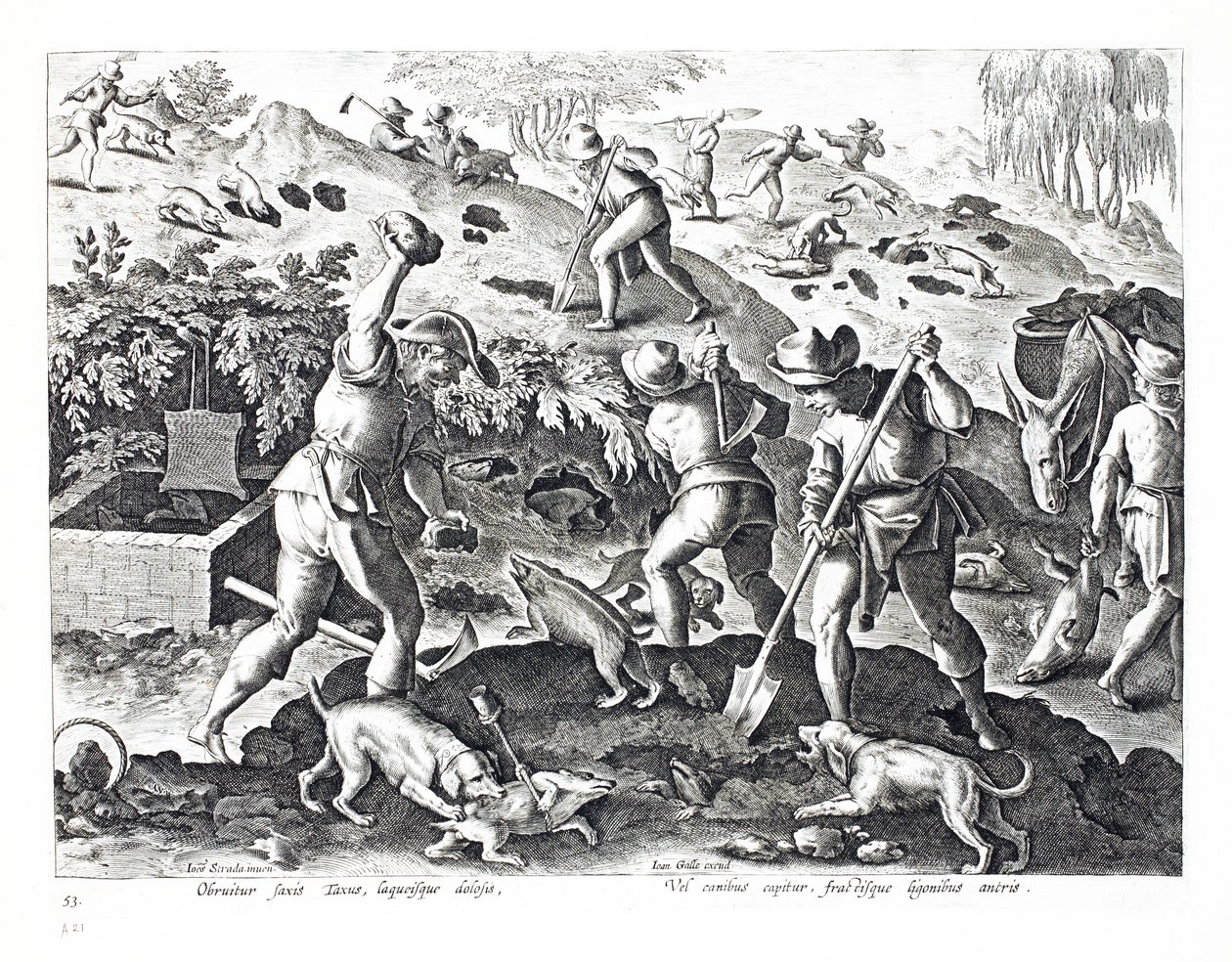 Borzok kiásása és befogása, illusztráció a „Venationes, Ferarum, Avium, Piscium” (Vadászatról: Vadállatok, madarak, halak) című könyvből, vésette: Jan Collaert (1566-1628), kocsma. írta: Phillipus Gallaeus, Ams alkotó: Jan van der Straet