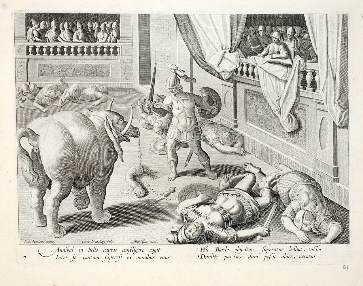Hannibál a legyőzött rómaiakat egymás ellen harcoltatja, illusztráció a "Venationes, Ferarum, Avium, Piscium" (Vadászatról: vadállatok, madarak, halak) című könyvből, metszet: Jan Collaert (1566-1628), kiadó: Phillipus. alkotó: Jan van der Straet