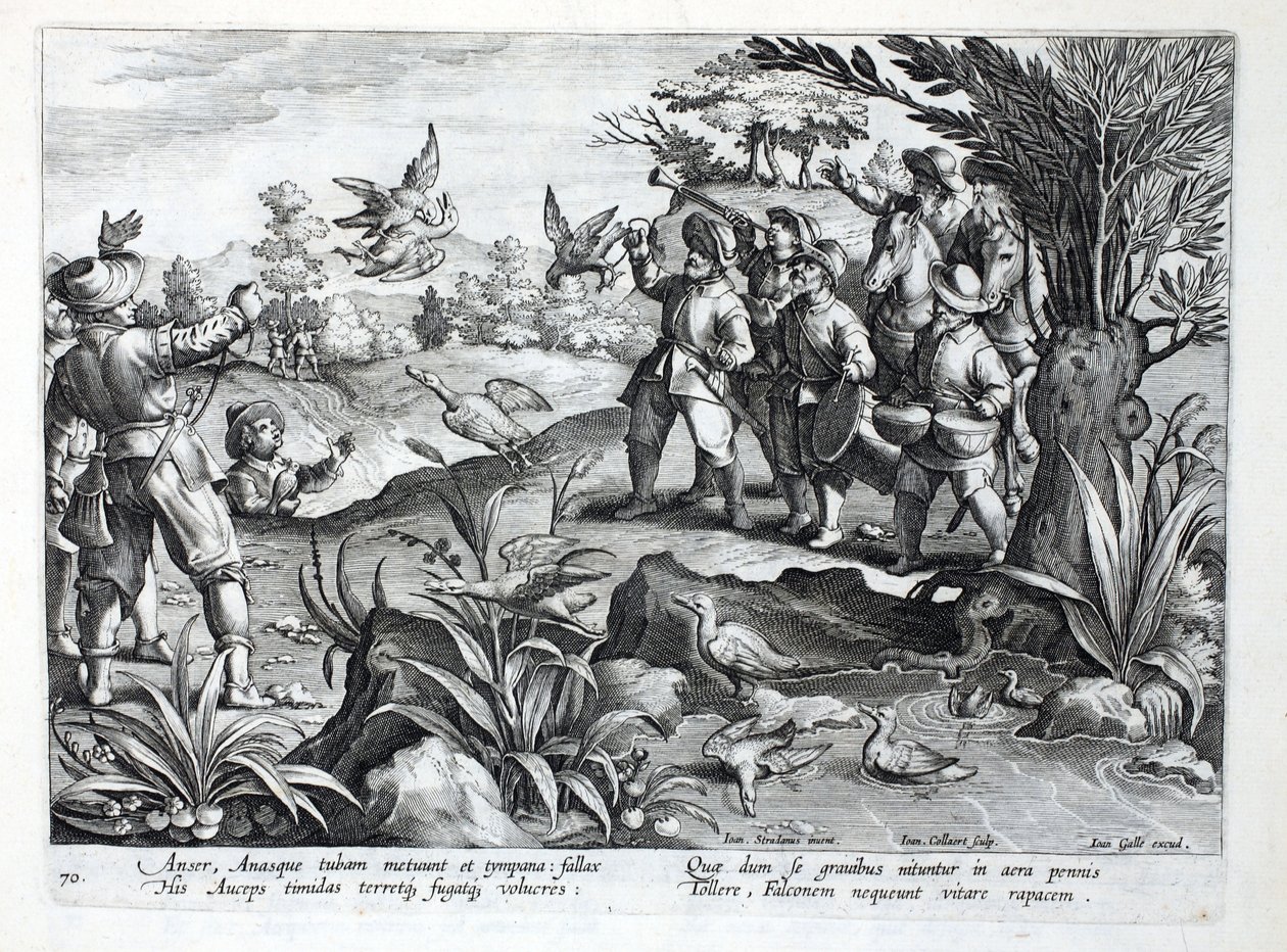 Vadászok, akik sólymot használnak libavadászatra, illusztráció a „Venationes, Ferarum, Avium, Piscium” (A vadászatról: Vadállatok, madarak, halak) című könyvből, Jan Collaert (1566-1628), kocsma. írta: Phillipus Gallaeus, A alkotó: Jan van der Straet
