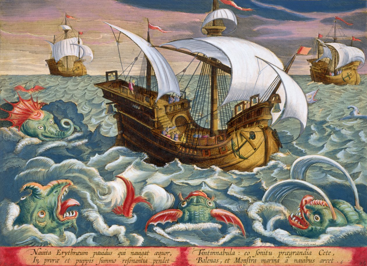 Vadászat tengeri élőlényekre, 84-es tábla a „Venationes Ferarum, Avium, Piscium” (Vadászatról: Vadállatok, madarak, halak) anyagából, Jan Collaert (1566-1628) metszete, az amszterdami Phillipus Gallaeus (kézzel) alkotó: Jan van der Straet