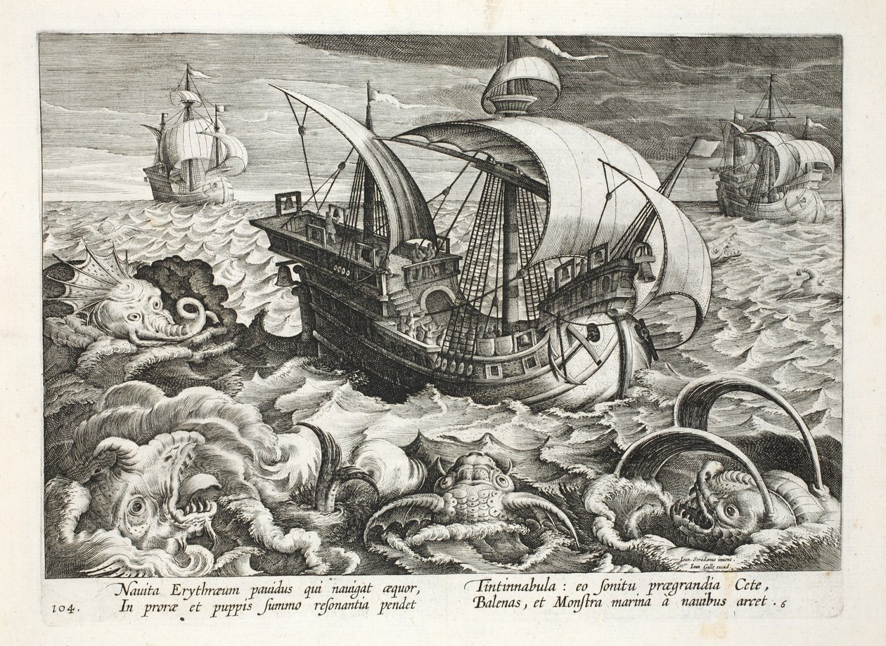 Vadászat tengeri élőlényekre, 84. tábla, illusztráció a „Venationes, Ferarum, Avium, Piscium” (A vadászatról: Vadállatok, madarak, halak) című könyvből, vésette: Jan Collaert (1566-1628), kocsma. írta: Phillipus Gallaeus, Amste alkotó: Jan van der Straet