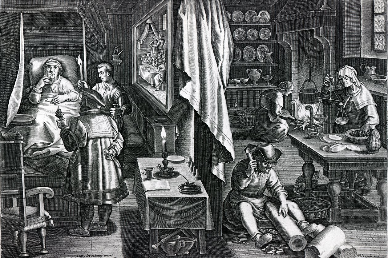Hyacus és nemi fertőzés, "Nova Reperta" 6. tábla, Philip Galle metszet, 1580-1605 körül (metszet) alkotó: Jan van der Straet