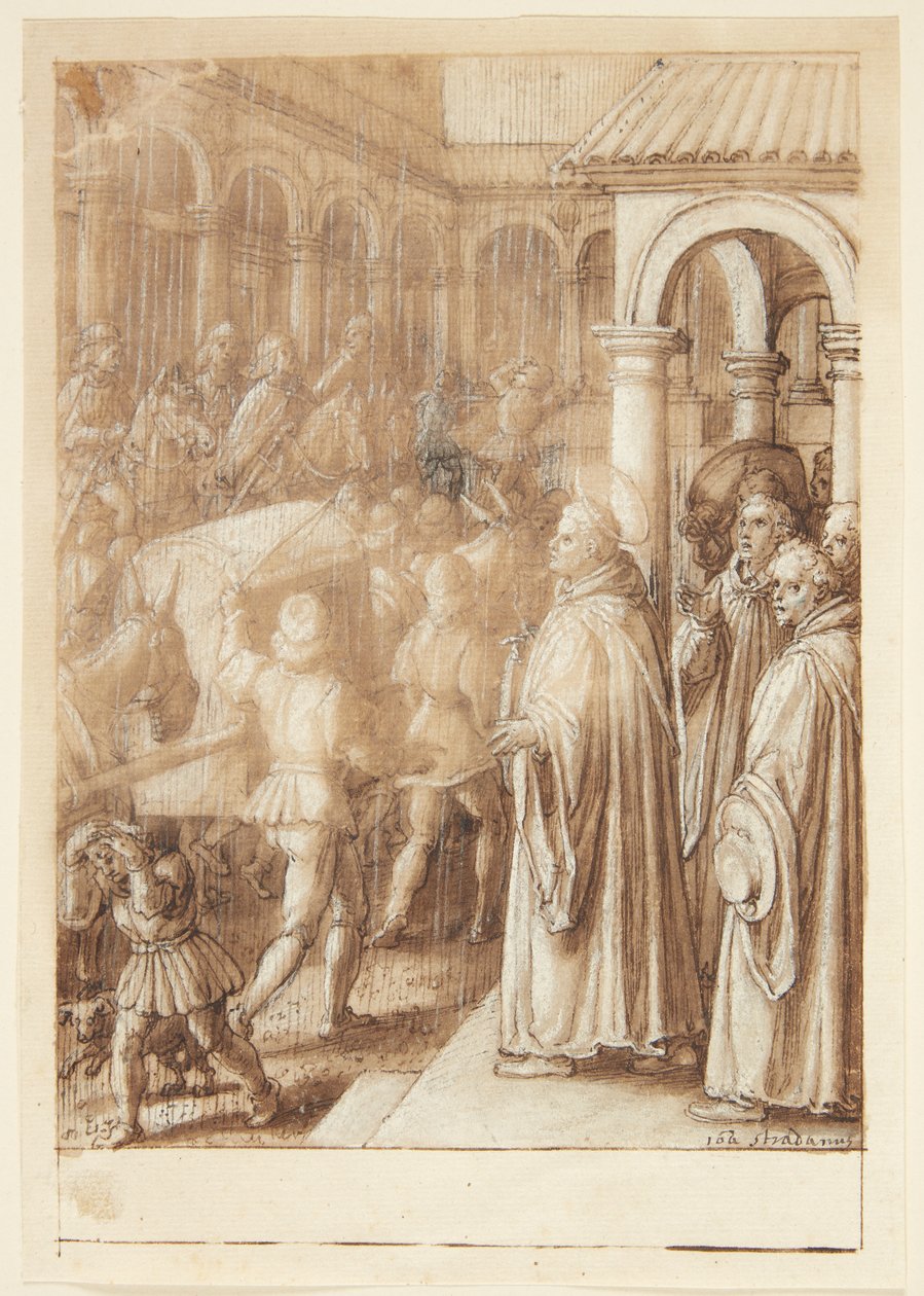 S. Giovanni Alberti Fiorentino története. A téren a szent a firenzei püspököket szimóniával(?) vádolja. alkotó: Jan van der Straet