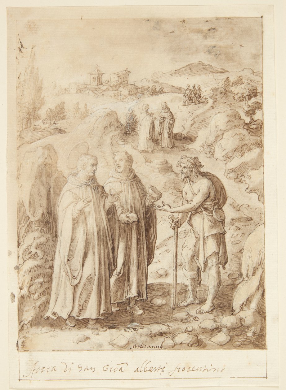 S. Giovanni Alberti Fiorentino története. A szent és a kísérő szerzetes utolsó kenyeret ad egy koldusnak alkotó: Jan van der Straet