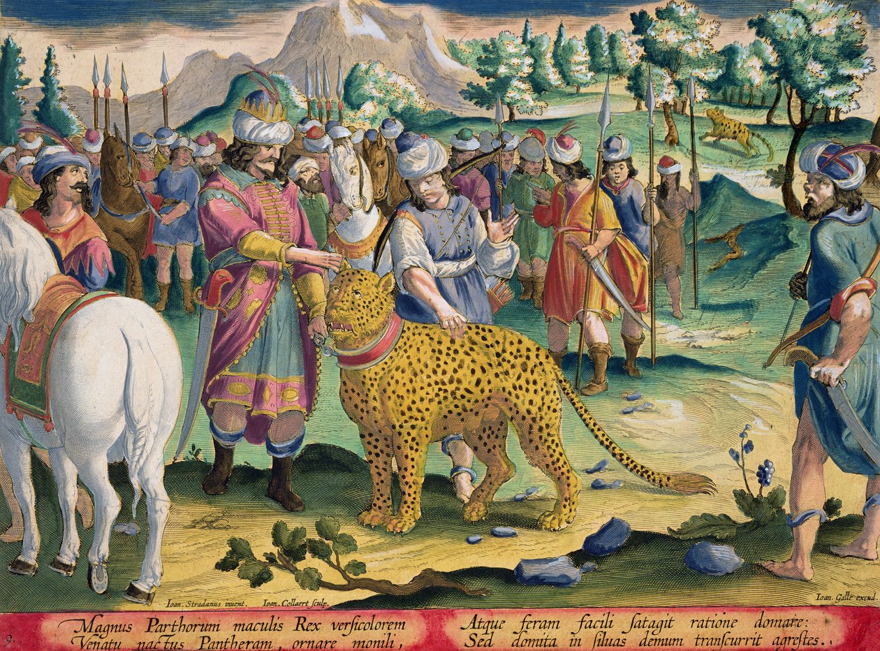 A parthusok nagy királya szelíd párducaival vadászik, 9. tábla a „Venationes Ferarum, Avium, Piscium” (A vadászatról: Vadállatok, madarak, halak) vésett, Jan Collaert (1566-1628) kiadója. alkotó: Jan van der Straet
