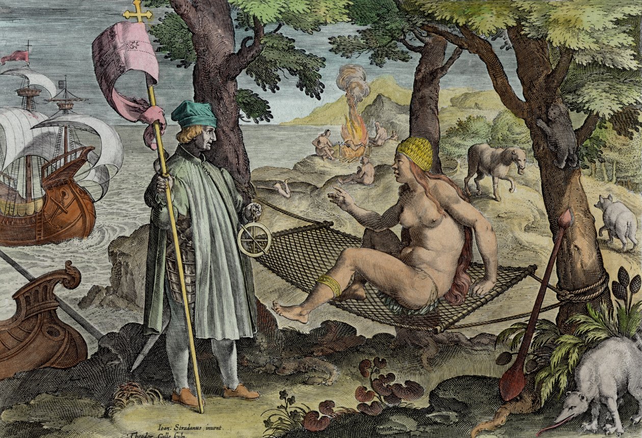 Vespucci felfedezi Amerikát, 2. tábla a „Nova Reperta”-ból (Új felfedezések), Theodor Galle (1571-1633) metszetében, 1600 körül (későbbi színezés) alkotó: Jan van der Straet