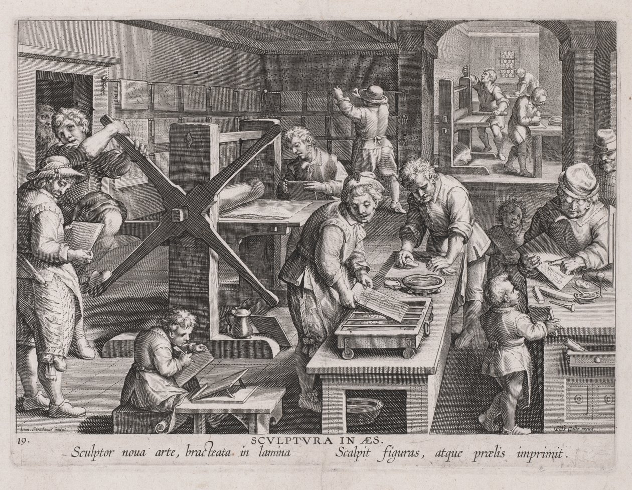 Sculptura in Aes, Egy metsző műhelye alkotó: Jan van der Straet, called Johannes Stradanus