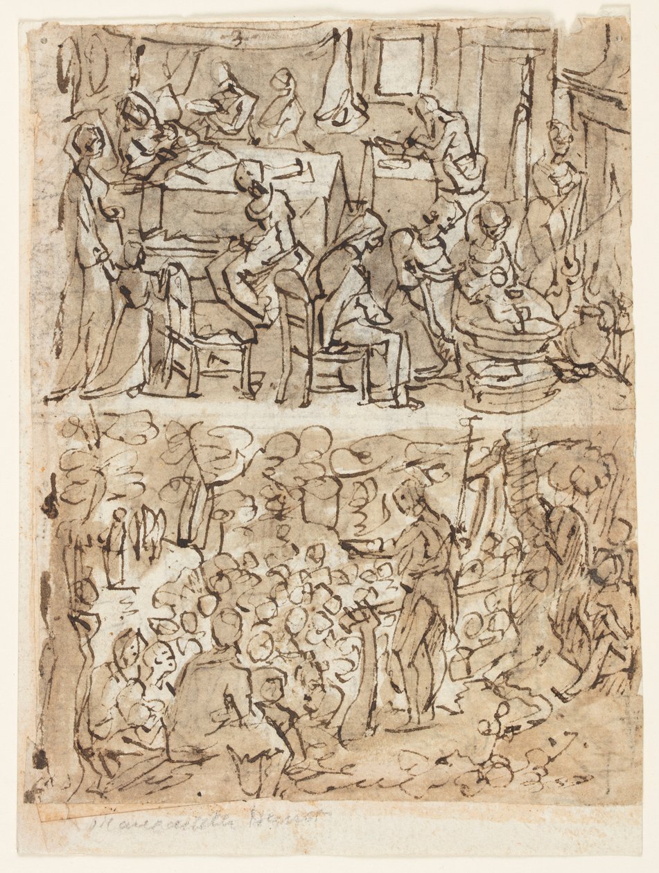 Négy jelenet Keresztelő Szent János életéből, nyomtatott sorozat előzetes tervei (recto és verso) alkotó: Jan van der Straet, called Stradanus