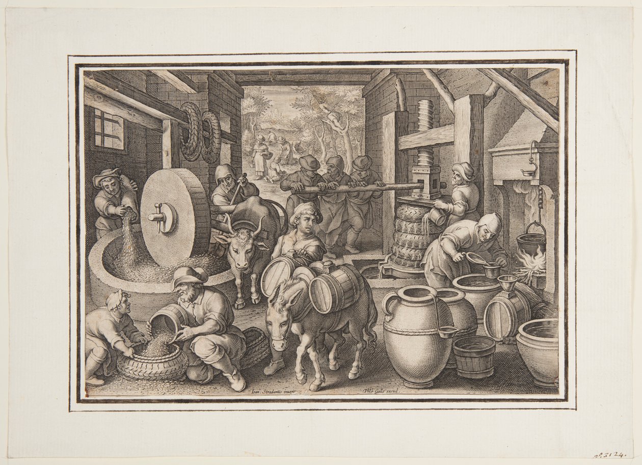 Oleum Olivarum (Az olívaolaj előállítása), 12. lemez a Nova Repertában (A modern idők új találmányai) alkotó: Jan van der Straet, called Stradanus