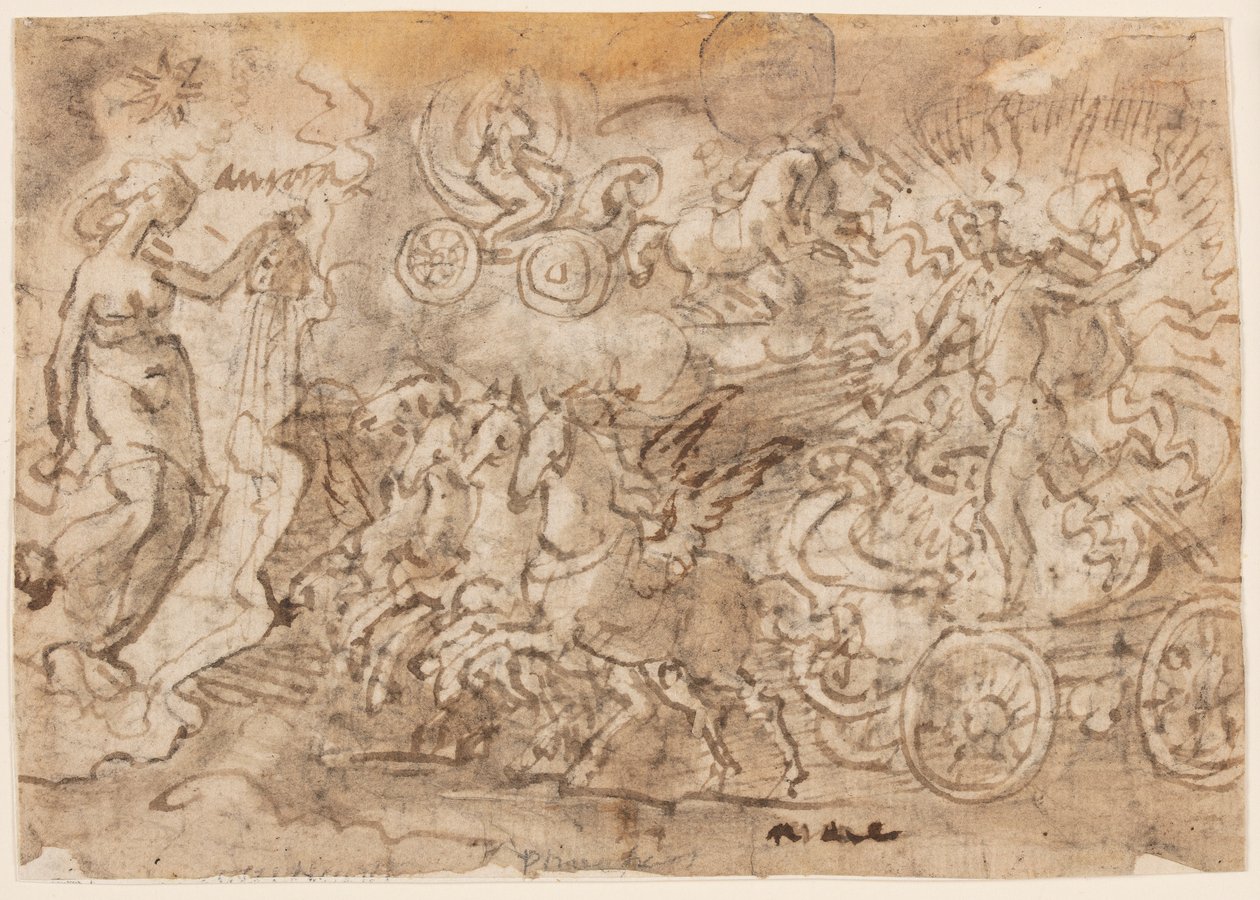 egy vázlatfüzet oldala; Apollo és Aurora alkotó: Jan van der Straet, called Stradanus