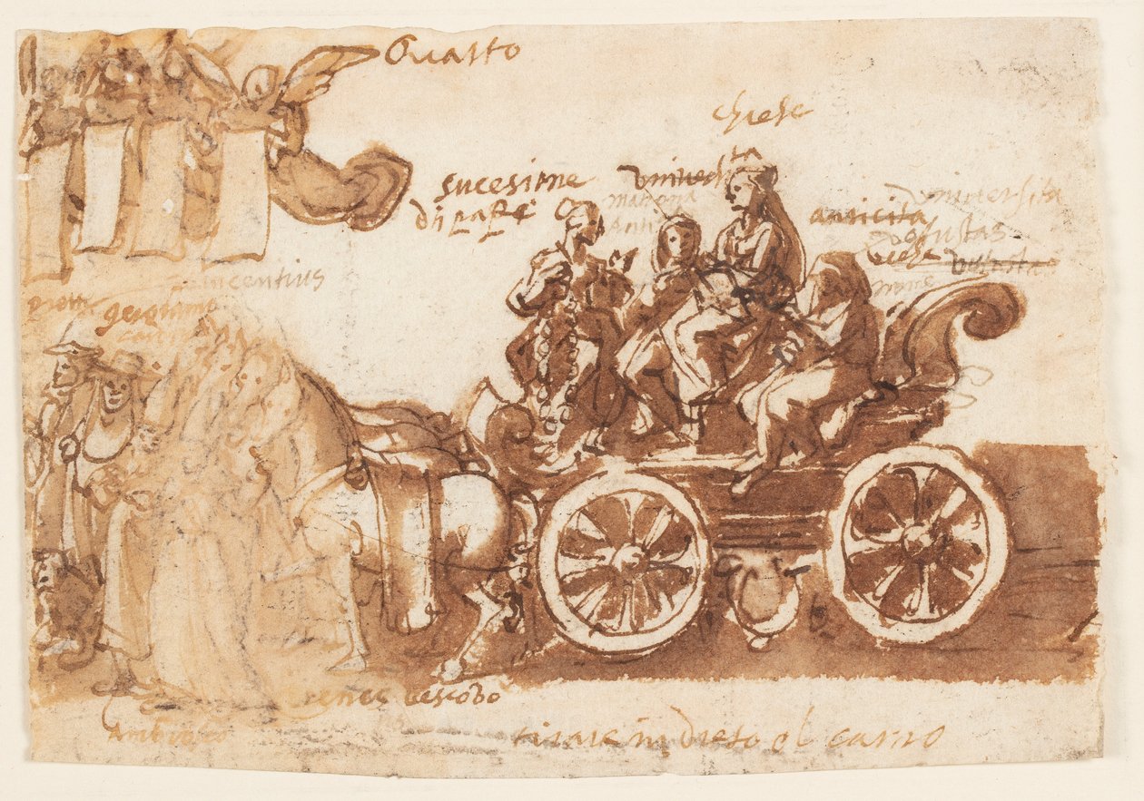 egy vázlatfüzet oldala; Szekér és három ló alkotó: Jan van der Straet, called Stradanus