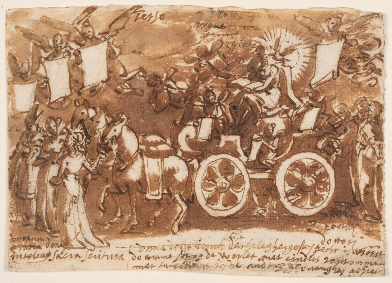 egy vázlatfüzet oldala; Szekér és három ló alkotó: Jan van der Straet, called Stradanus