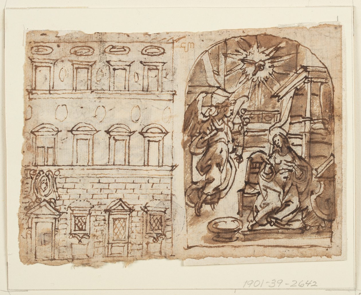 egy vázlatfüzet oldala; Palota felemelése, Angyali üdvözlet, Utolsó vacsora alkotó: Jan van der Straet, called Stradanus