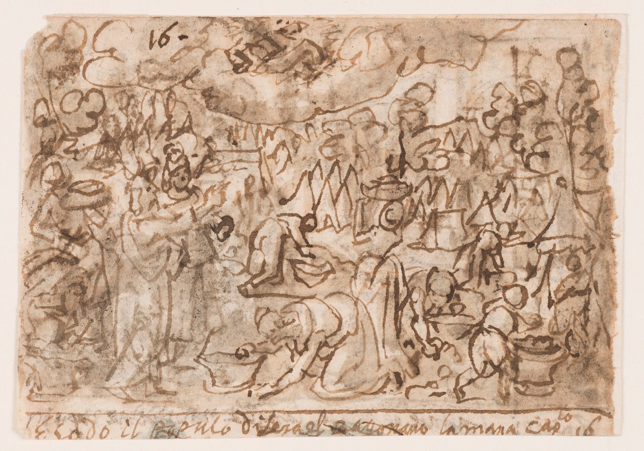egy vázlatfüzet oldala; Exodus – mannagyűjtés; Áldozat alkotó: Jan van der Straet, called Stradanus