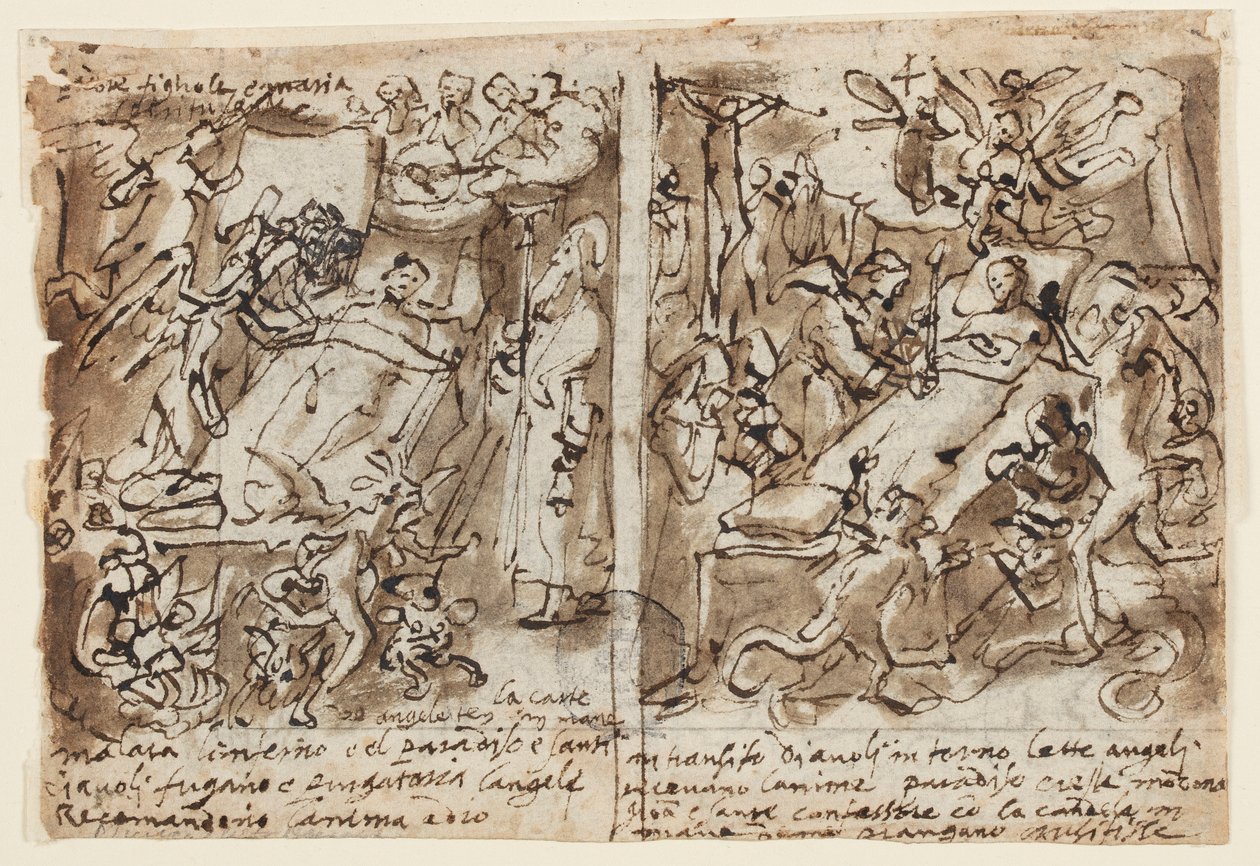egy vázlatfüzet oldala; Mennyei erők segítik a jámborokat; Vázlat a szent portréjához; Oromfal díszítése alkotó: Jan van der Straet, called Stradanus