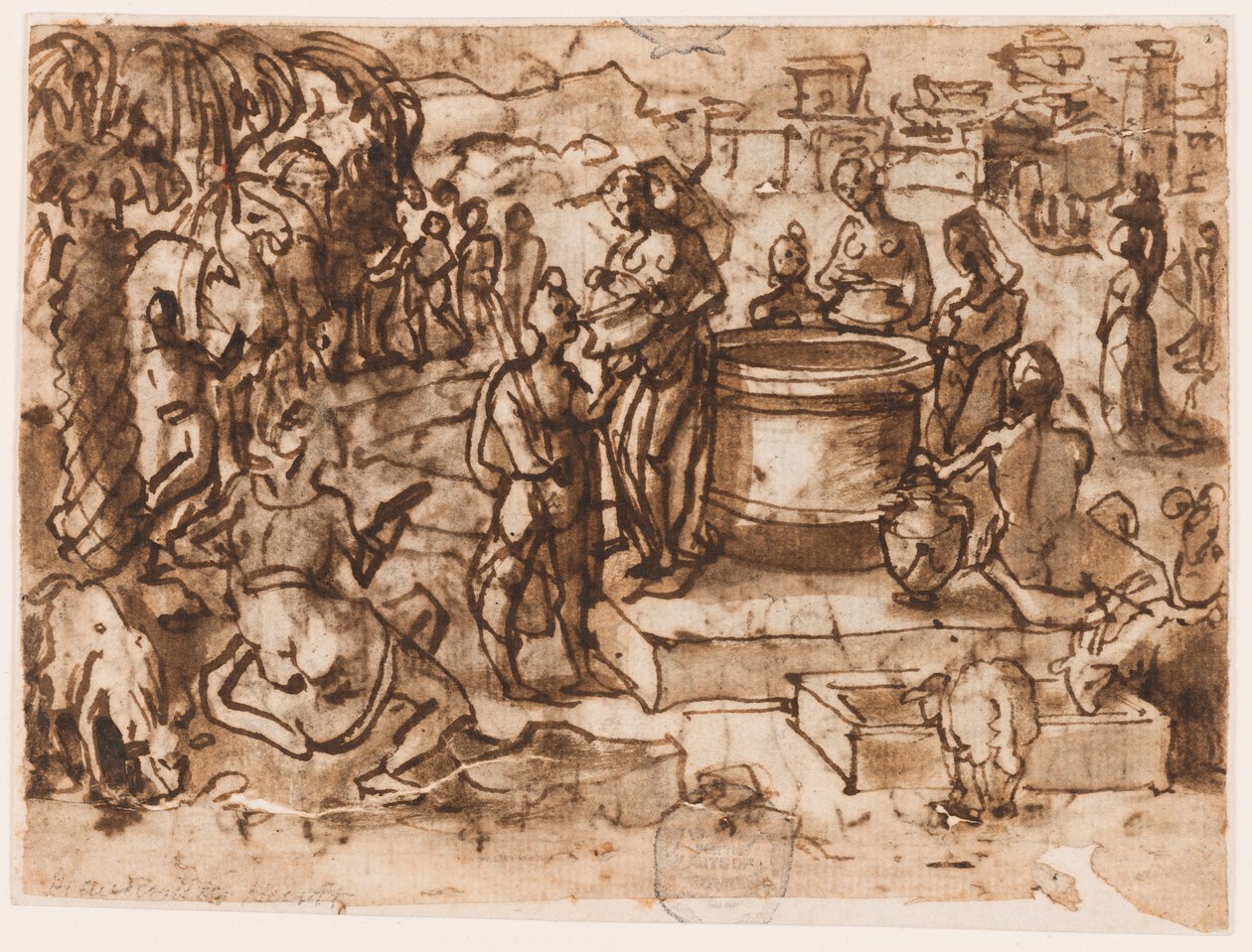 egy vázlatfüzet oldala; Mózes és Jethro leányai alkotó: Jan van der Straet, called Stradanus