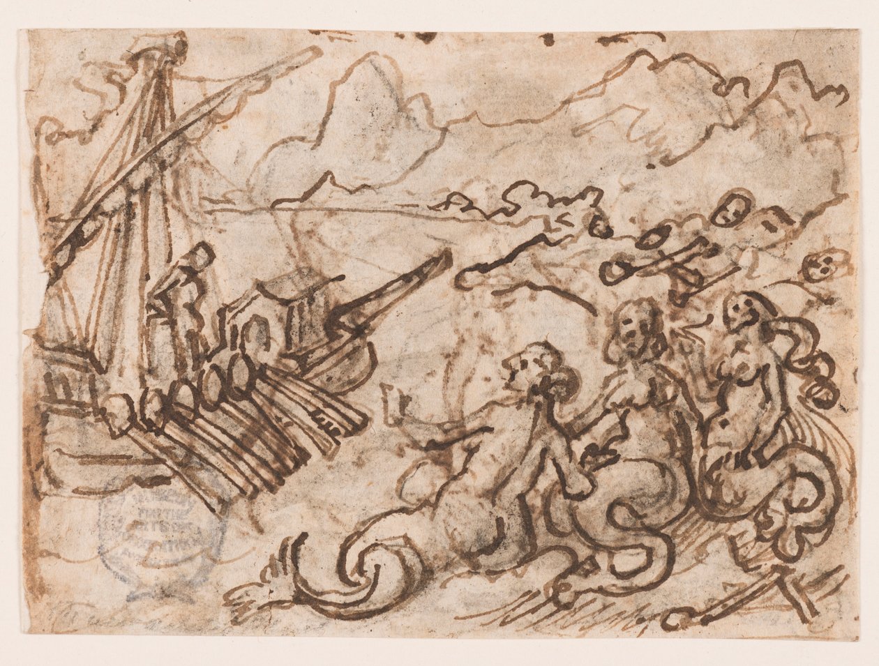 Egy vázlatfüzet oldala: Ulysses elhalad a szirénák mellett (recto); Ulysses az alvilágban (verso) alkotó: Jan van der Straet, called Stradanus