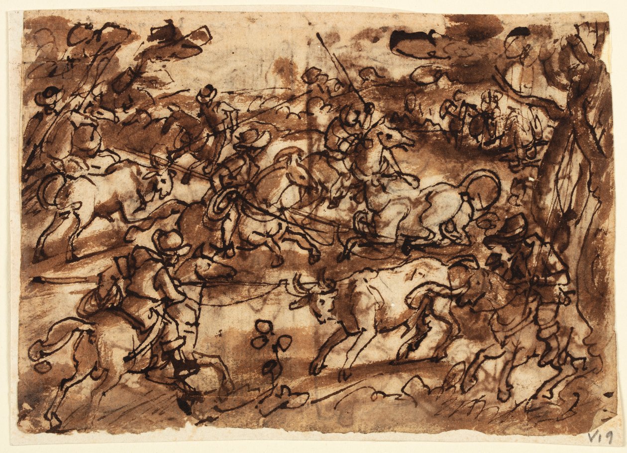 Recto: Bikavadászat Lasszóval; Verso, fent: Medvevadászat Men in Armour; Verso, lent: Majmok vadászata csalással; a Venationes sorozat összes előzetes terve alkotó: Jan van der Straet, called Stradanus