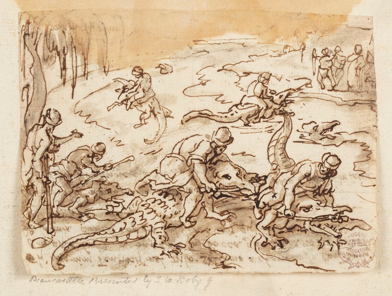 Recto: Krokodilvadászat Tentyrában, Egyiptomban; Verso: Idősebb Plinius természetrajzához kapcsolódó felirat, 7. könyv, ch. 38 alkotó: Jan van der Straet, called Stradanus