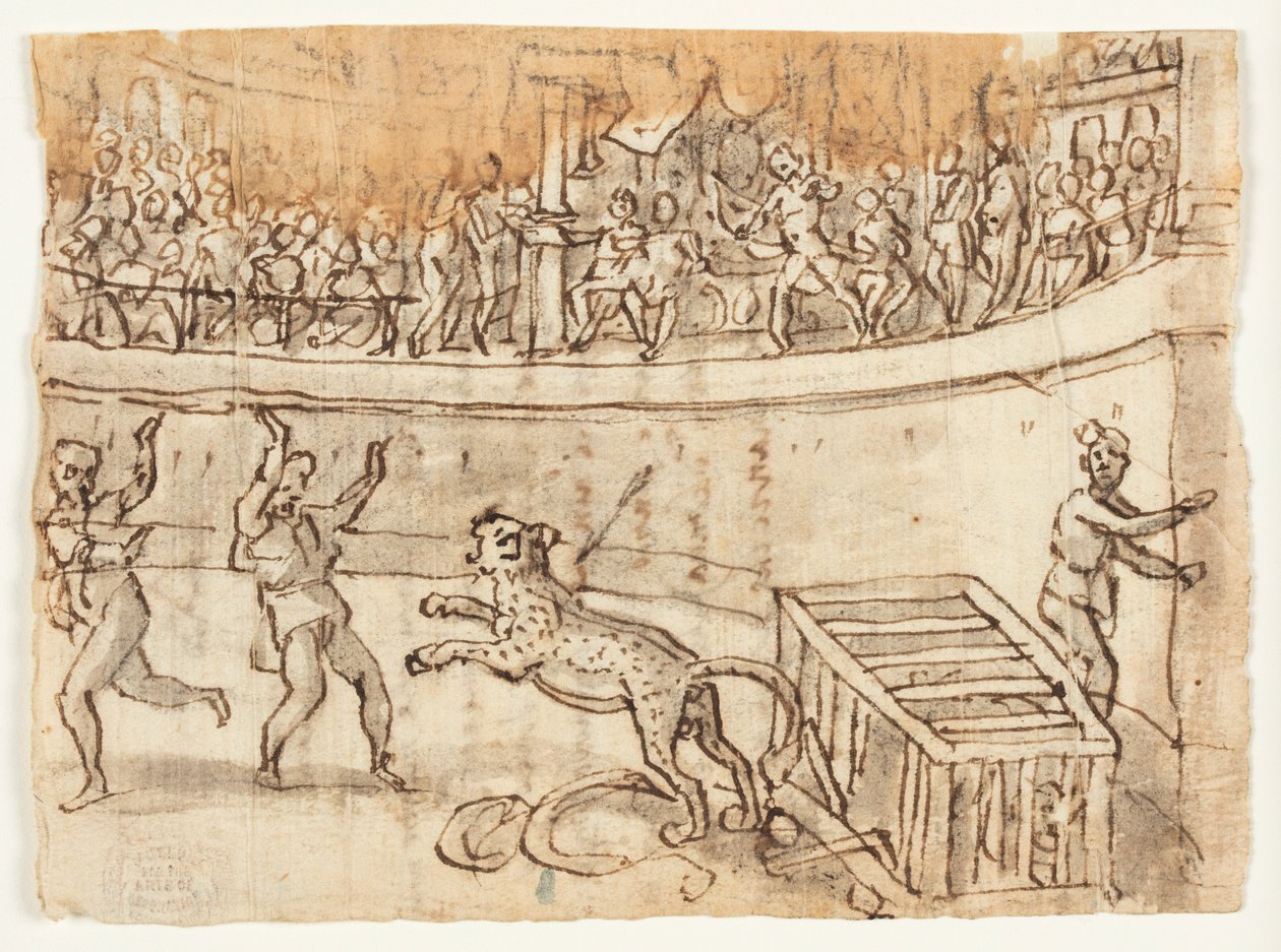 Jobbra: Commodus császár megöl egy leopárdot; Verso: Luigi Alamanni vázlata, kezében Herodianus Historiae-jére vonatkozó felirat, I, 15, 6-7 alkotó: Jan van der Straet, called Stradanus