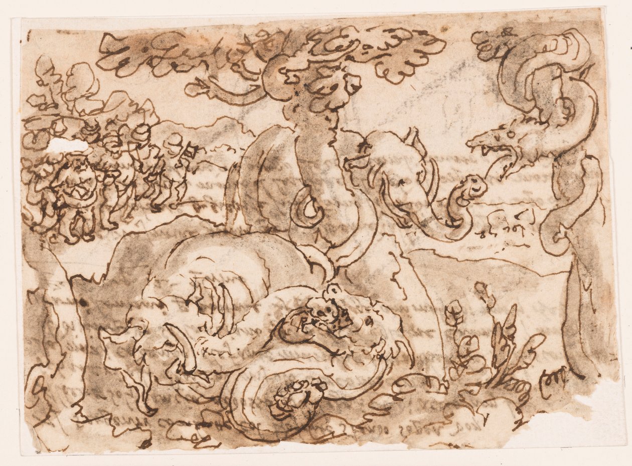 Recto: Elefántok és kígyók harca, Plinius Természetrajzából (8. könyv, 11-12. fejezet); Verso: forrásanyagra vonatkozó felirat alkotó: Jan van der Straet, called Stradanus