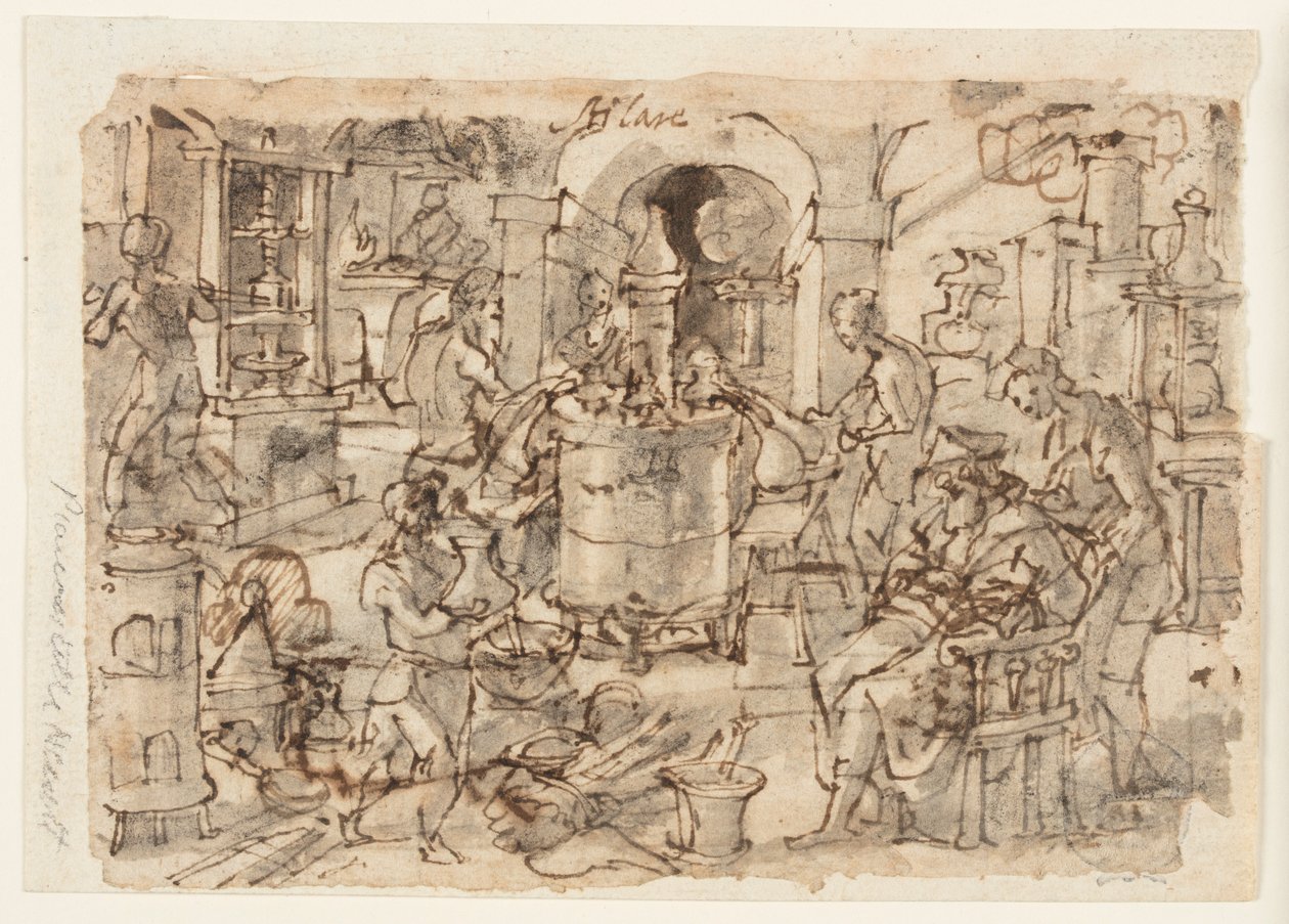 Recto: Invention of Destillation, előzetes terv a "Distillatio"-hoz, 7. tábla a Nova Reperta (A modern idők új találmányai) nyomatsorozatában alkotó: Jan van der Straet, called Stradanus