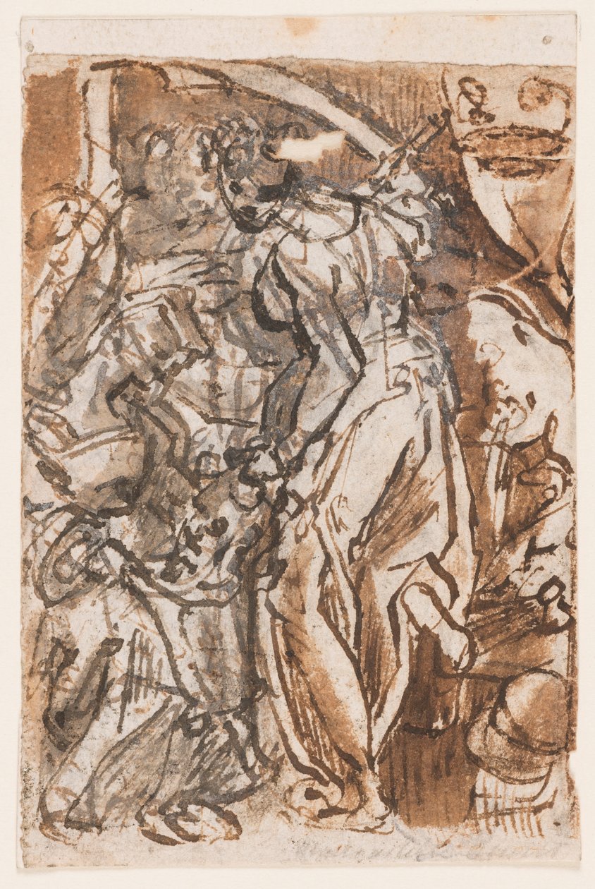 Recto: Judit Holofernész fejével; Verso: A Seven Planets nyomatsorozat címtáblájának előzetes terve alkotó: Jan van der Straet, called Stradanus