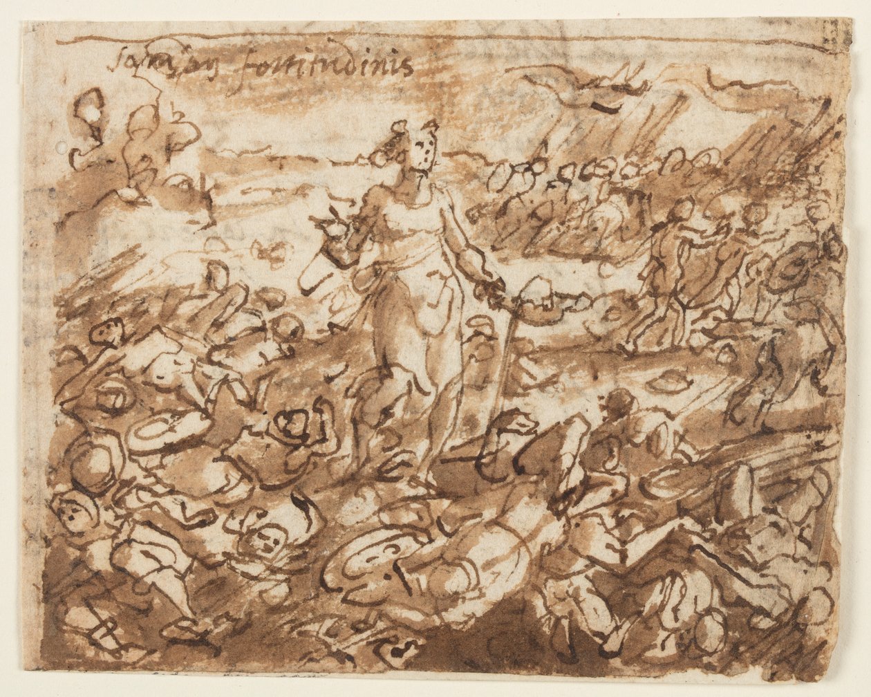 Recto: Sámson, miután legyőzte a filiszteusokat, vizet iszik egy szamár állcsontjából, a "Spiritus Fortitudines" (Az erő szelleme) előzetes terve, 4. lemez a "Szentlélek hét ajándéka" nyomatsorozatban. Verso: homályos felirat alkotó: Jan van der Straet, called Stradanus