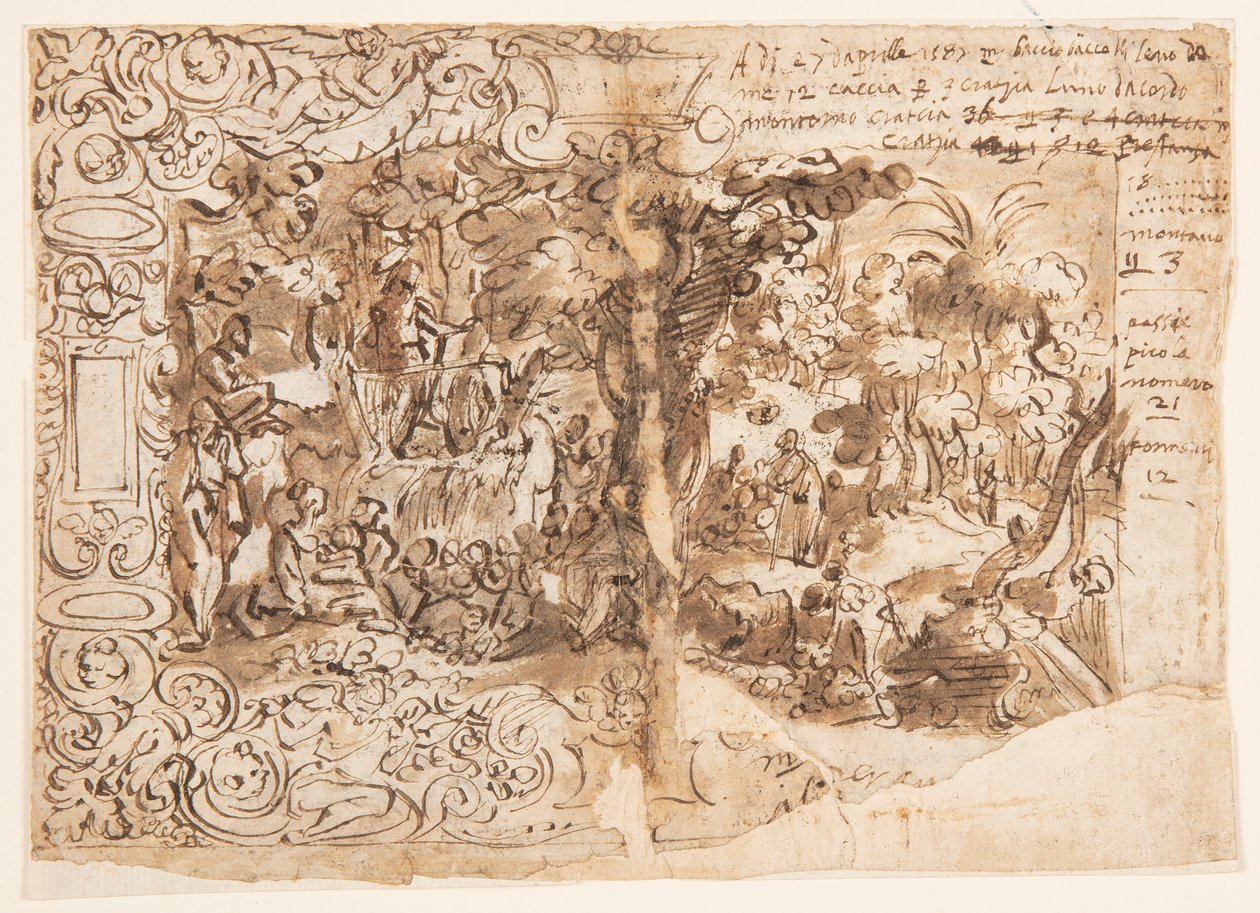 Recto: Gobelinterv Keresztelő János prédikációjával (vagy Krisztus a bámészkodók között); Verso: felirat alkotó: Jan van der Straet, called Stradanus