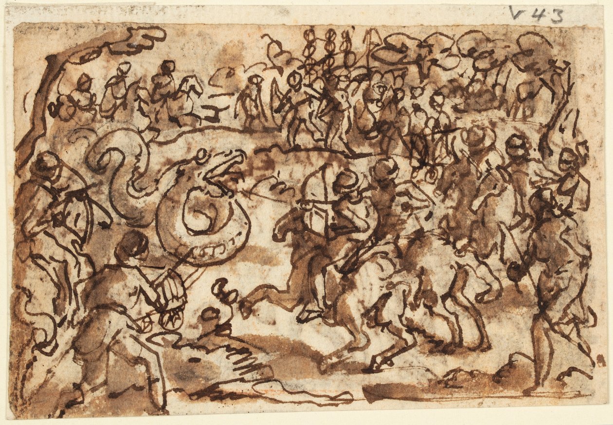 Recto: Attilius Regulus római konzul harcban egy óriási afrikai kígyóval, Plinius Természetrajzából, 8. könyv, ch. 14; Verso: Ptyolomy hálóval elkap egy óriási kígyót, a Diodorus Siculusból, Bibliotheca Historica III, 37 alkotó: Jan van der Straet, called Stradanus