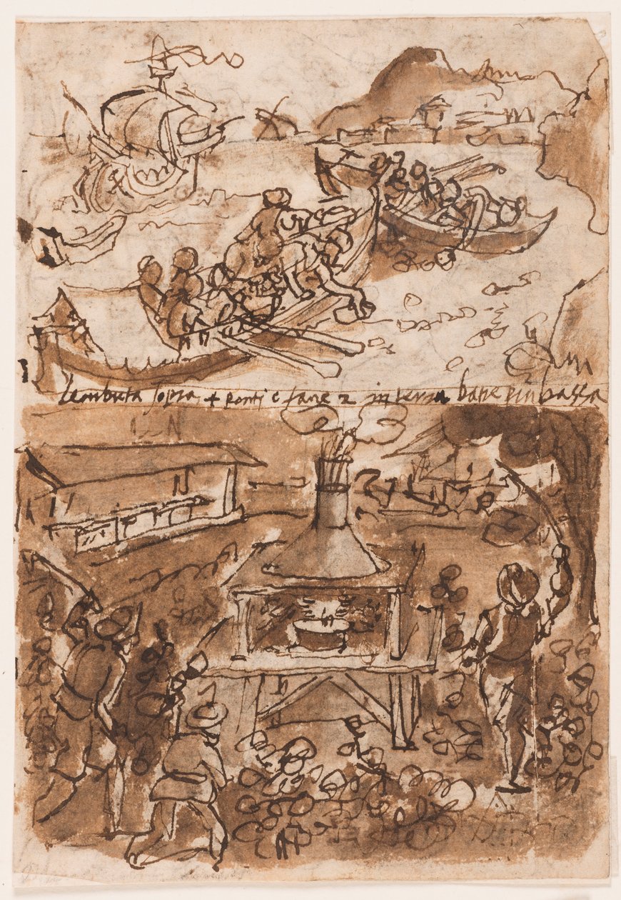 Recto, fent: Bitumengyűjtés, Plinius Természetrajzából, 35. könyv, 51. ch; Recto, lent: Éjjeli lepkék fogása. Verso, fent: Buffalo Hunt; Verso, lent: Korallhalászat Szicíliában, Idősebb Plinius természetrajzából alkotó: Jan van der Straet, called Stradanus
