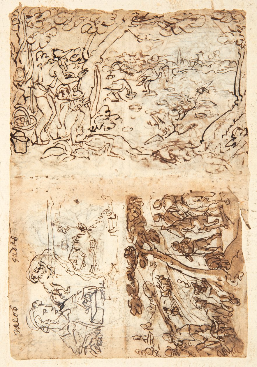 Recto, fent: Daruvadászat kúpokkal; Lent balra: Jacob, fél alak; oroszlán bekötött szemmel a fején; egy erődítmény térképe; Jobbra lent: Rókavadászat. Verso, balra fent: Starling Hunt; lent balra: Oroszlánvadászat fáklyákkal és hálókkal; jobbra: fél alakok alkotó: Jan van der Straet, called Stradanus