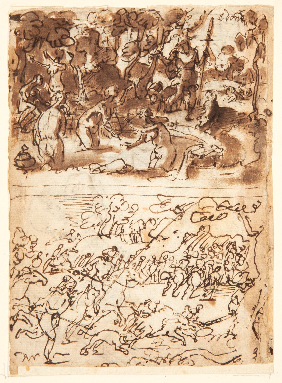 Recto, fent: Diana és Actaeon; Recto, lent: Kanvadászat; Verso, fent: két férfifej vizsgálata; Verso, lent: Anna és Joachim találkozása az Aranykapunál, A Krisztus-gyermek körülmetélkedése alkotó: Jan van der Straet, called Stradanus