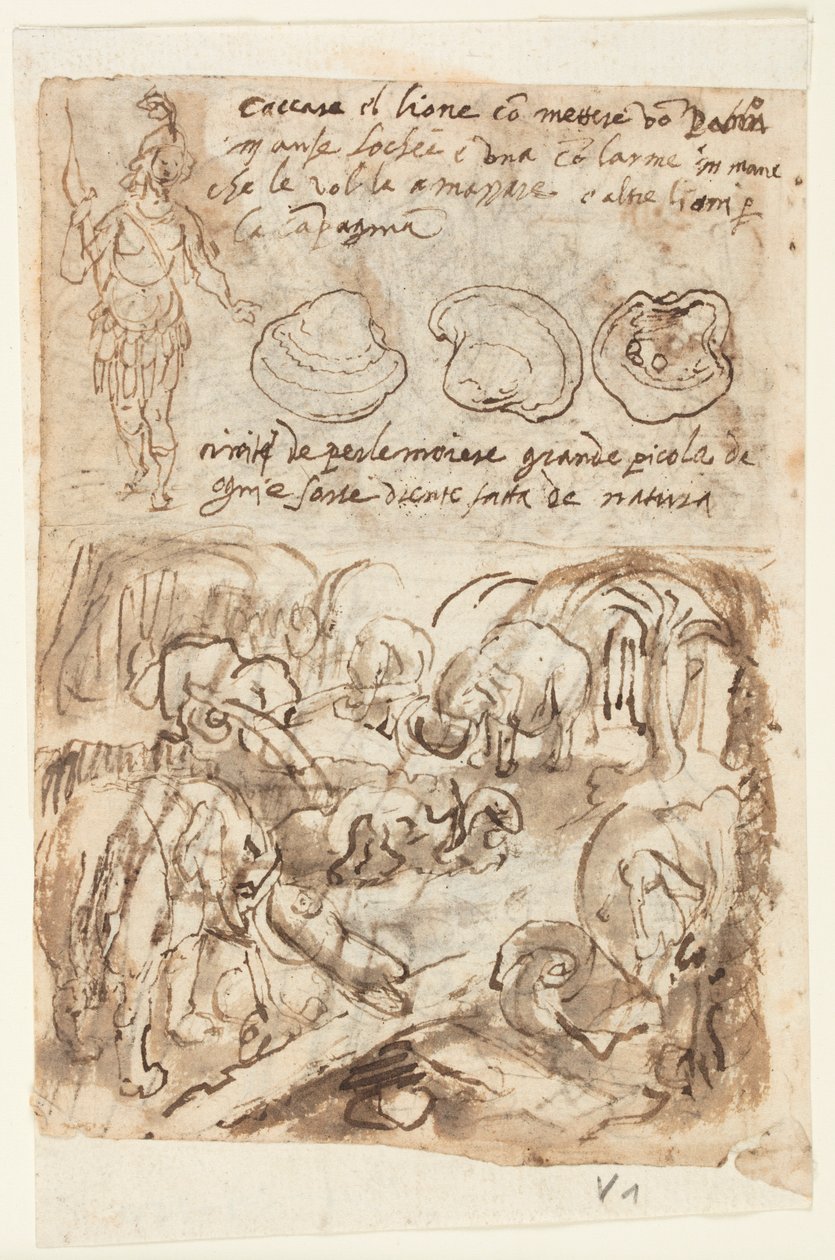 Rekto, fent, álló indián figura, osztrigahéj. Recto, lent: Elefántok segítik egymást a csapdából, Plinius Természetrajzából, 8. könyv, ch. 8; Verso, fent: Tűz használata vízkígyók megölésére Indiában; Verso, lent: Kígyó és annotációk alkotó: Jan van der Straet, called Stradanus