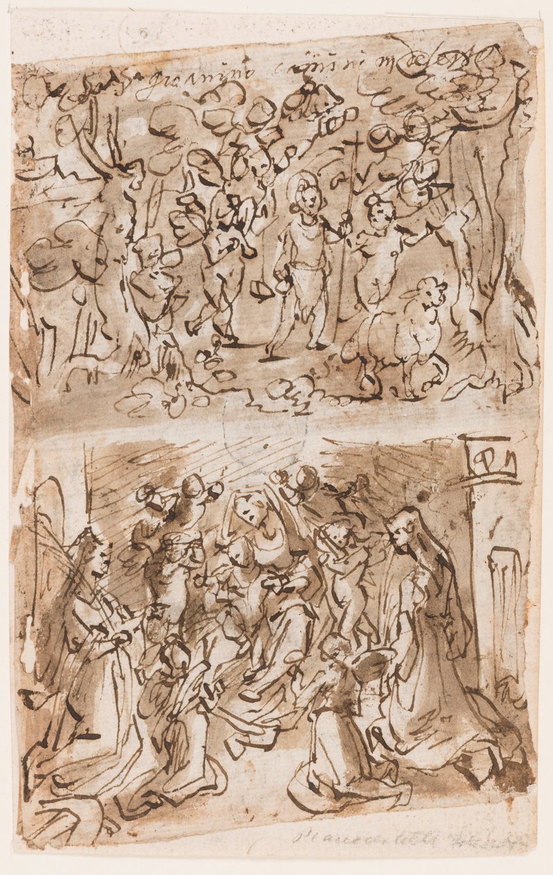 Recto, fent: Fiatal Keresztelő Szent János Angyalok vezetésével a sivatagban; Recto, lent: Sacra Conversazione Szentekkel. Barbara és Catherine; Verso, fent: Cruxifiction; Verso, lent: Krisztus gyógyító bénákat a Bethesda tavánál alkotó: Jan van der Straet, called Stradanus