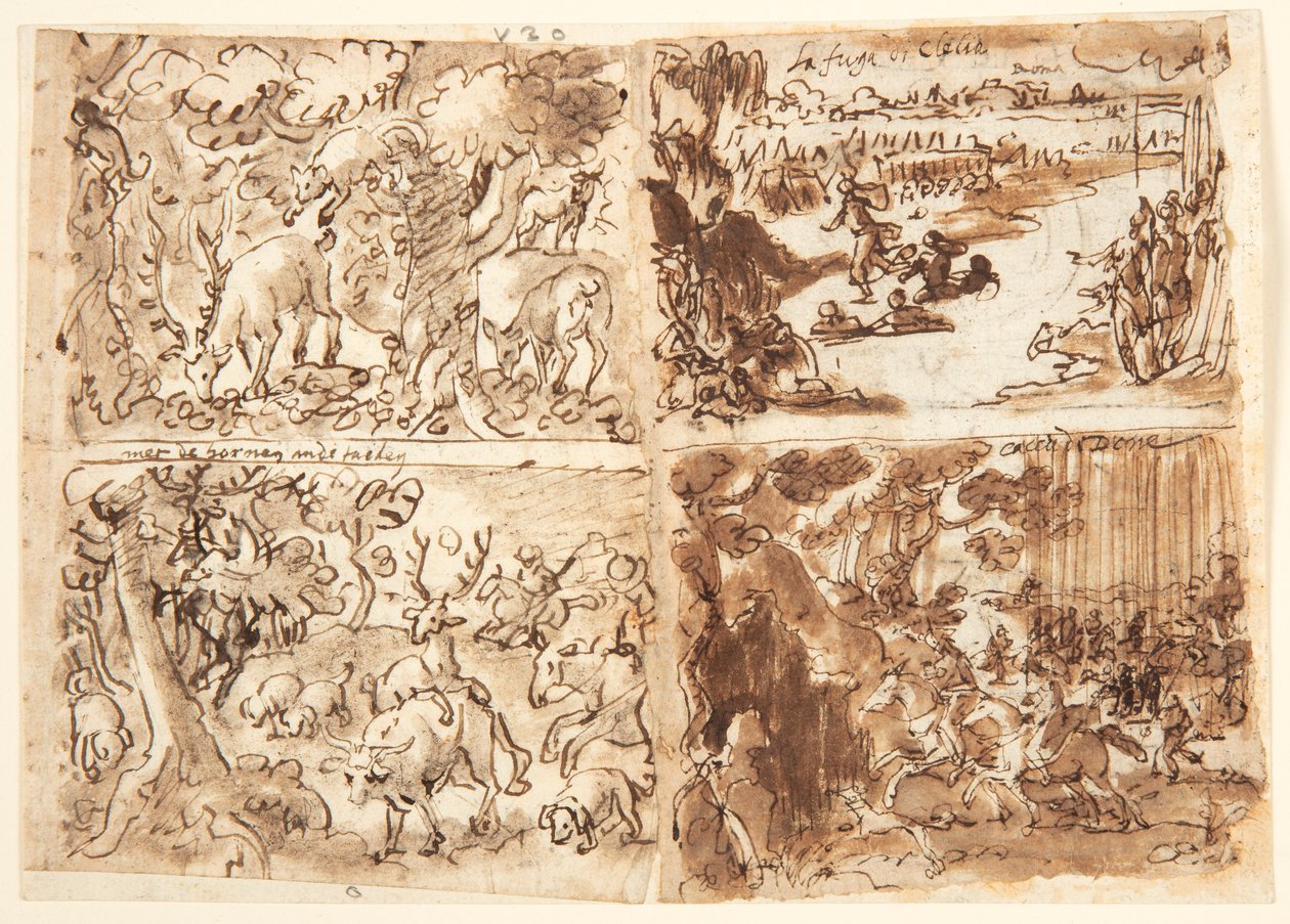 Recto, balra fent: Hiúz által megtámadt szarvas; jobbra fent: Cloelia és társai megszöknek Porsena táborából; lent jobbra: Női vadászat; lent balra: Szarvasvadászat, illatát rejtő szarvasbika. Verso: Két női mellszobor építészeti környezetben, előzetes des alkotó: Jan van der Straet, called Stradanus