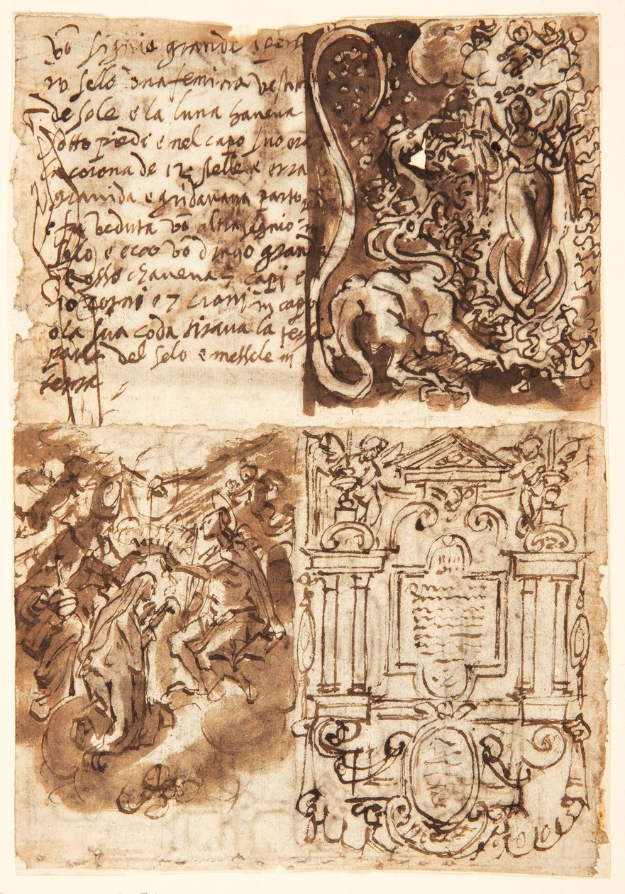 Recto, fent balra: Az Apokalipszis asszonyáról szóló részlet a Jelenések könyvéből; Recto, jobbra fent: Apokalízis asszonya; Recto, balra lent: Frontispiece a Szűz élete nyomdai sorozatához; Recto, jobbra lent: a Viri koronázása alkotó: Jan van der Straet, called Stradanus
