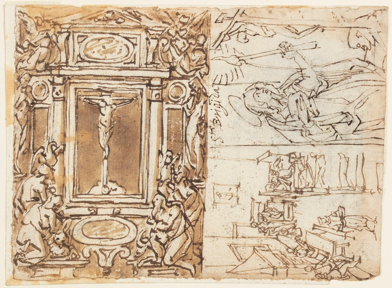 Vázlatfüzet oldal; Marcus Aurelius Antonius fiával emlékműve; Tanulmány gravírozáshoz alkotó: Jan van der Straet, called Stradanus