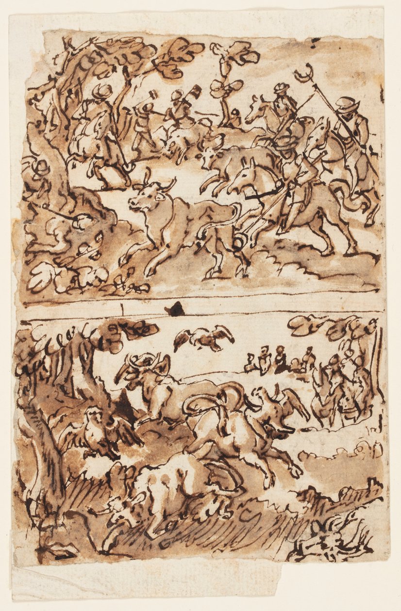 Vázlatfüzet oldal bikavadászattal alkotó: Jan van der Straet, called Stradanus