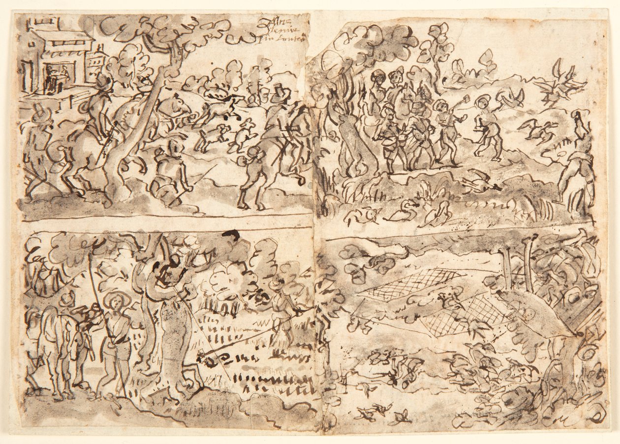 Vázlatfüzet oldal négy vadászjelenettel alkotó: Jan van der Straet, called Stradanus