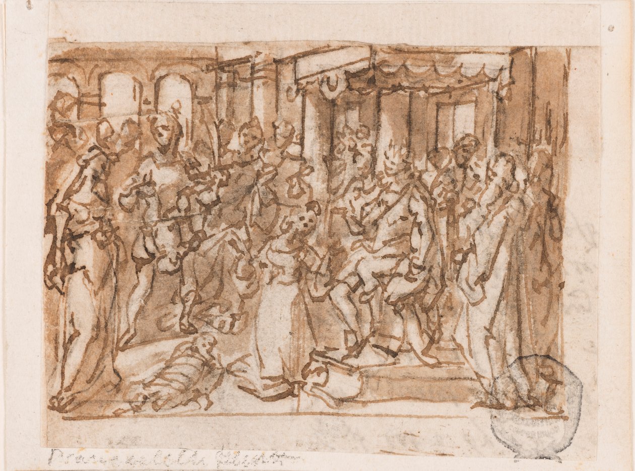 Salamon ítélete, a "Spiritus Sapientiae" (A Bölcsesség Lelke) előzetes terve, 1. lemez a "Szentlélek hét ajándéka" nyomatsorozatban alkotó: Jan van der Straet, called Stradanus