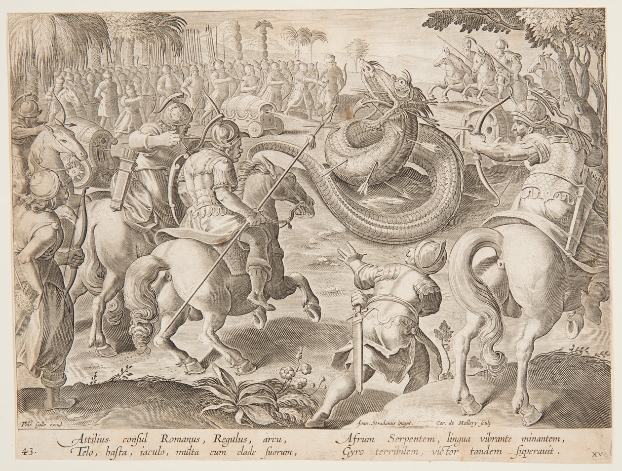 Attilius Regulus római konzul egy óriási afrikai kígyóval harcban, 25-ös tábla a Wild Hunts sorozatban alkotó: Jan van der Straet, called Stradanus