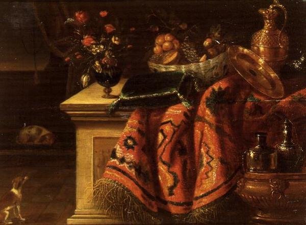 Csendélet virágvázával, gyümölcsökkel egy tálban, ezüstözött kancsóval és tányérral, valamint egy párnával. alkotó: Jan van the Elder (follower of) Kessel