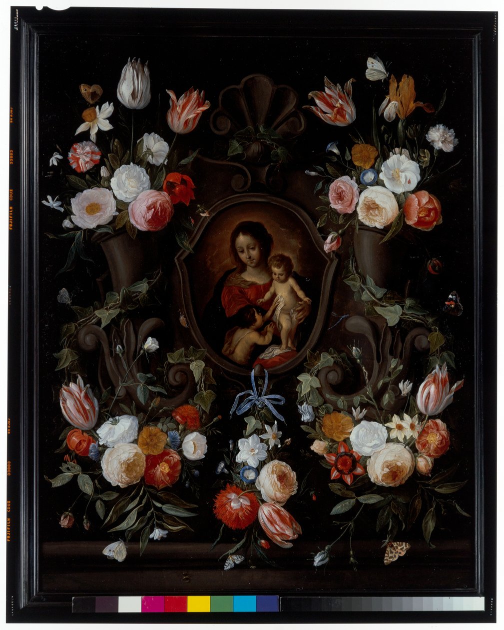 Virágokkal és pillangókkal díszített kőkartus alkotó: Jan van the Elder Kessel