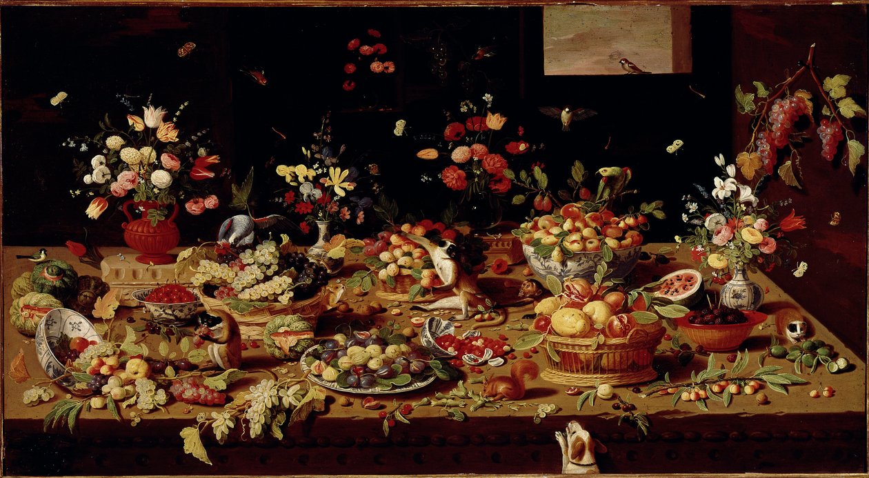Csendélet gyümölccsel és virágokkal Az asztal tetején fügével, szilvával, gránátalmával, szőlővel, őszibarackkal díszített ételek. Jan Van Kessel (1626-1679) rézfestménye, Galleria Doria Pamphilj, Róma – Virágcsendélet, Gyümölcs és Állatok, Jan Van Kessel  alkotó: Jan van the Elder Kessel