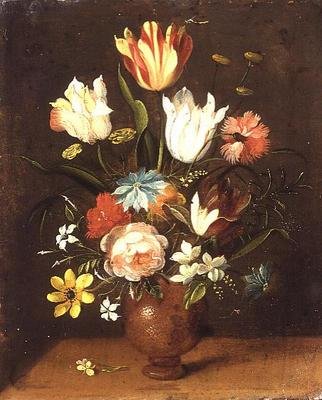 Tulipánok, rózsák, rózsaszínek és egyéb virágok egy vázában alkotó: Jan van the Elder Kessel