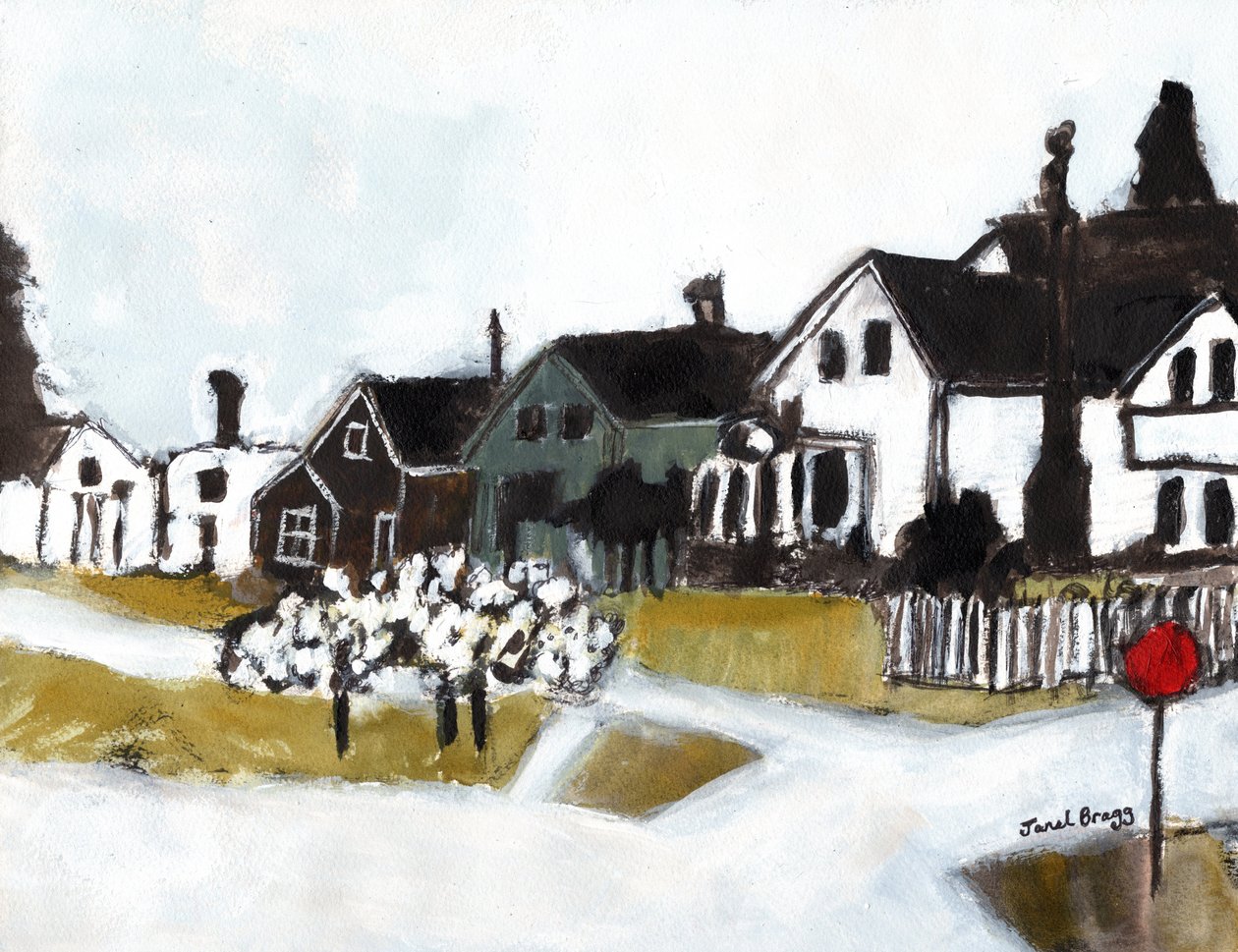 Houses on 7th Street, 2020 körüli (akvarell, kazein és szén, papír) alkotó: Janel Bragg