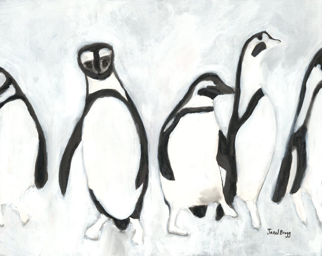 Pingvinek a Woodland Park Állatkertben, 2021 körül (sumi tinta és gesso, papír) alkotó: Janel Bragg