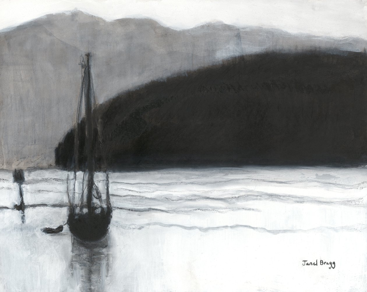 Vitorlás Anacortes kikötőjében, 2021 körül (szén, tinta és gesso, papír) alkotó: Janel Bragg